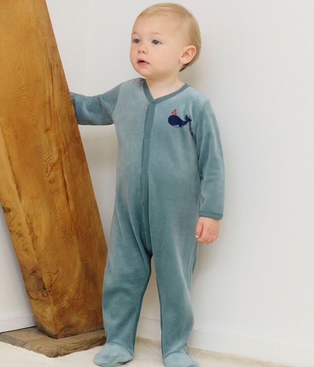 Babies' plain velour pyjama suit blue