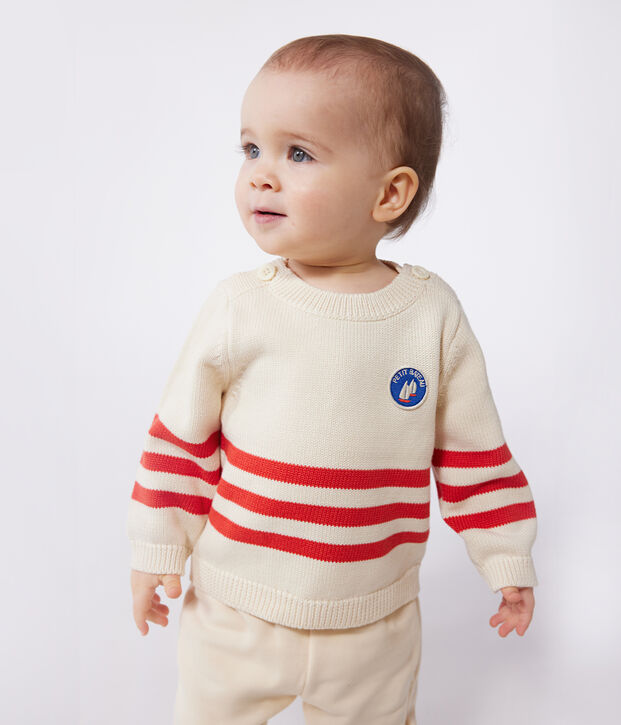 Babies' cotton jumper with placed stripes and a badge on the chest red/red