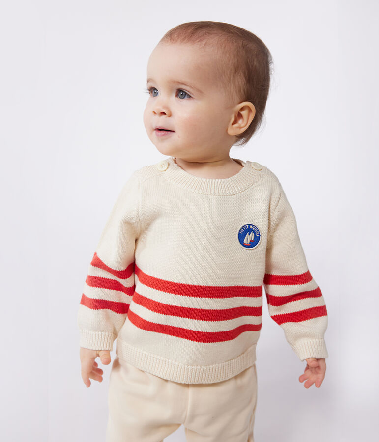 Babies' cotton jumper with placed stripes and a badge on the chest Ecru/red
