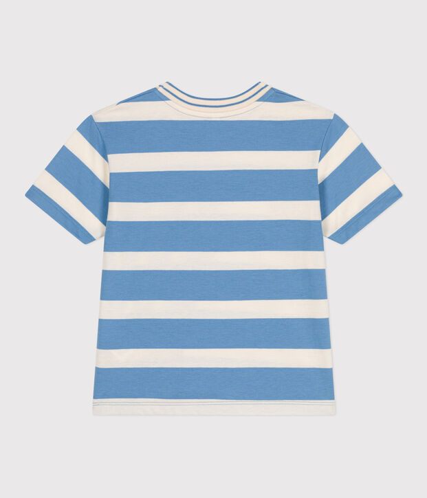 Children's short-sleeved stripy cotton T-shirt blue/ecru