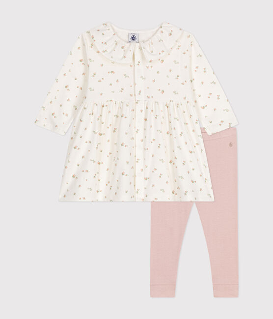 Babies' cotton long-sleeved dress and leggings set MARSHMALLOW white/MULTICO white
