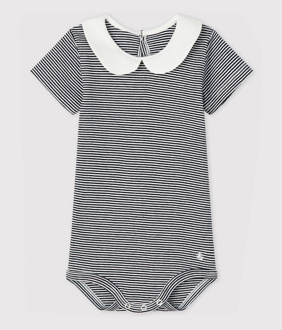 Baby Girls' Cotton Bodysuit with Peter Pan Collar SMOKING blue/MARSHMALLOW white