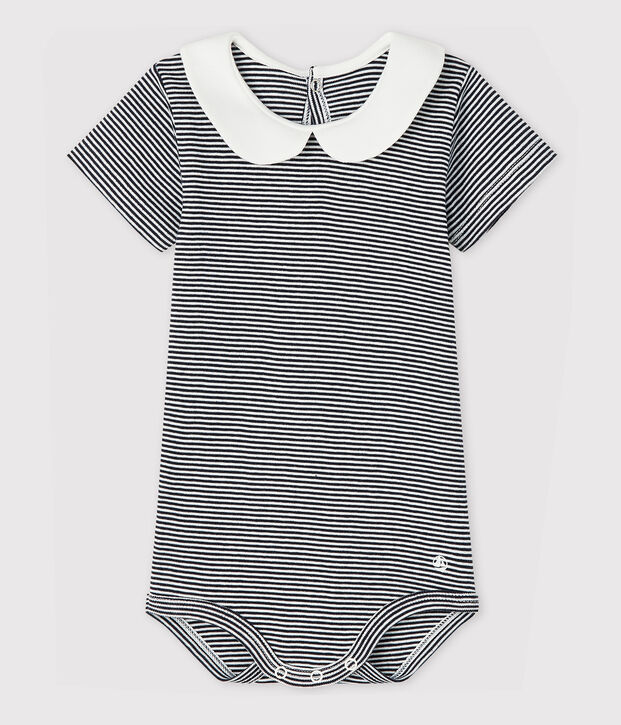 Baby Girls' Cotton Bodysuit with Peter Pan Collar blue/white
