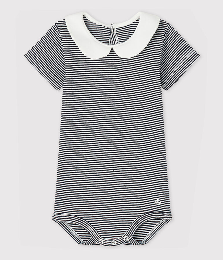 Baby Girls' Cotton Bodysuit with Peter Pan Collar blue/white