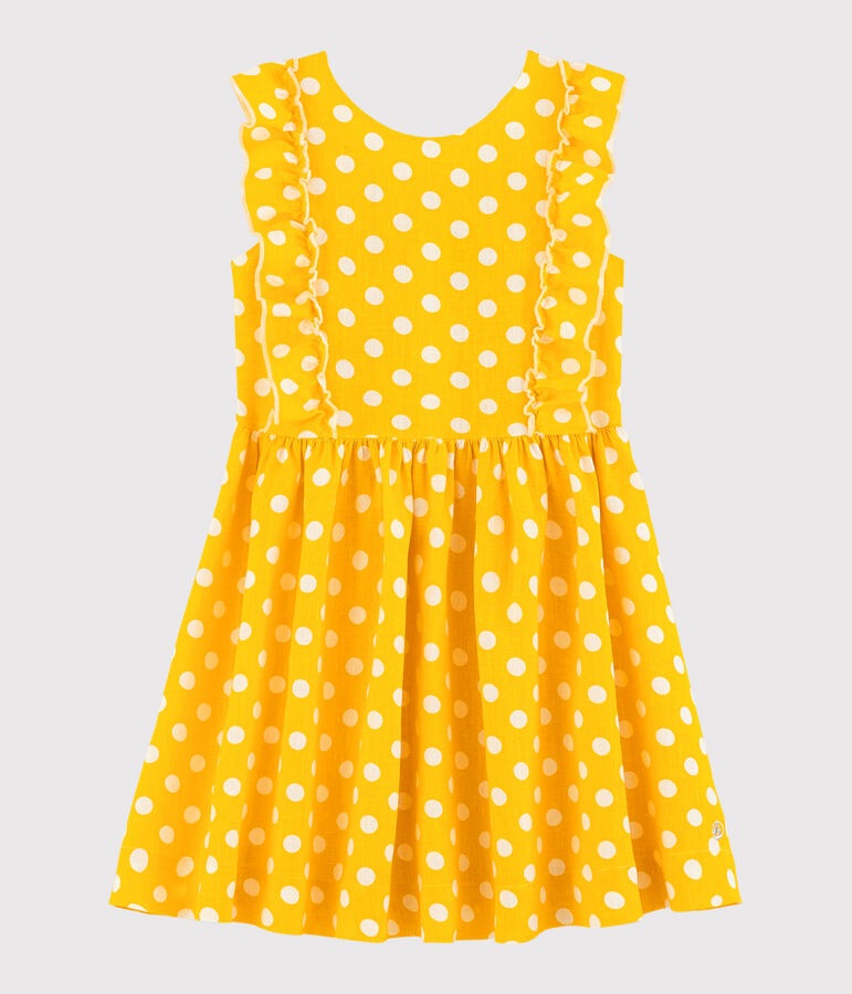 Girls' Short-Sleeved Linen Dress SHINE yellow/MARSHMALLOW white