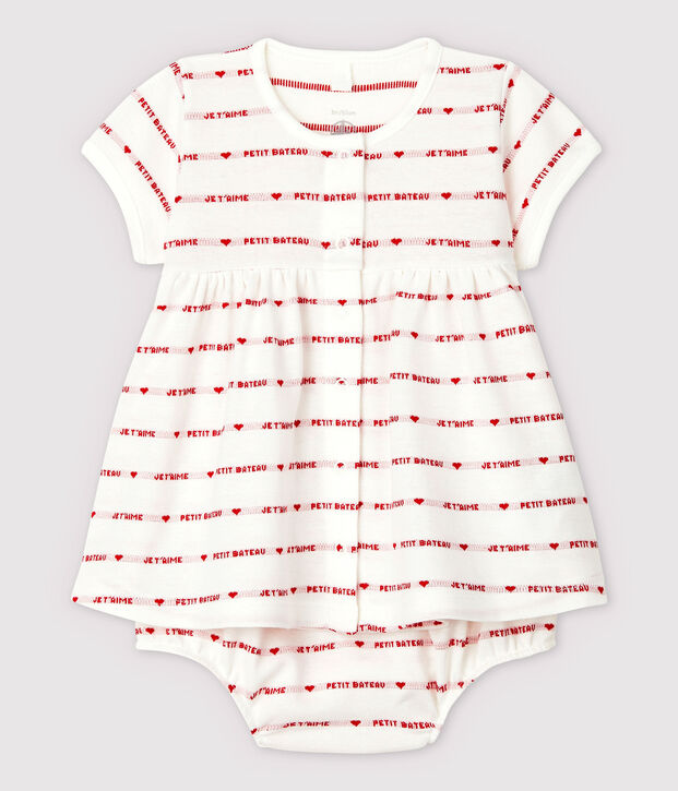 Baby Girls' Short-Sleeved Woven Pattern Organic Cotton Dress with Bloomers white/red