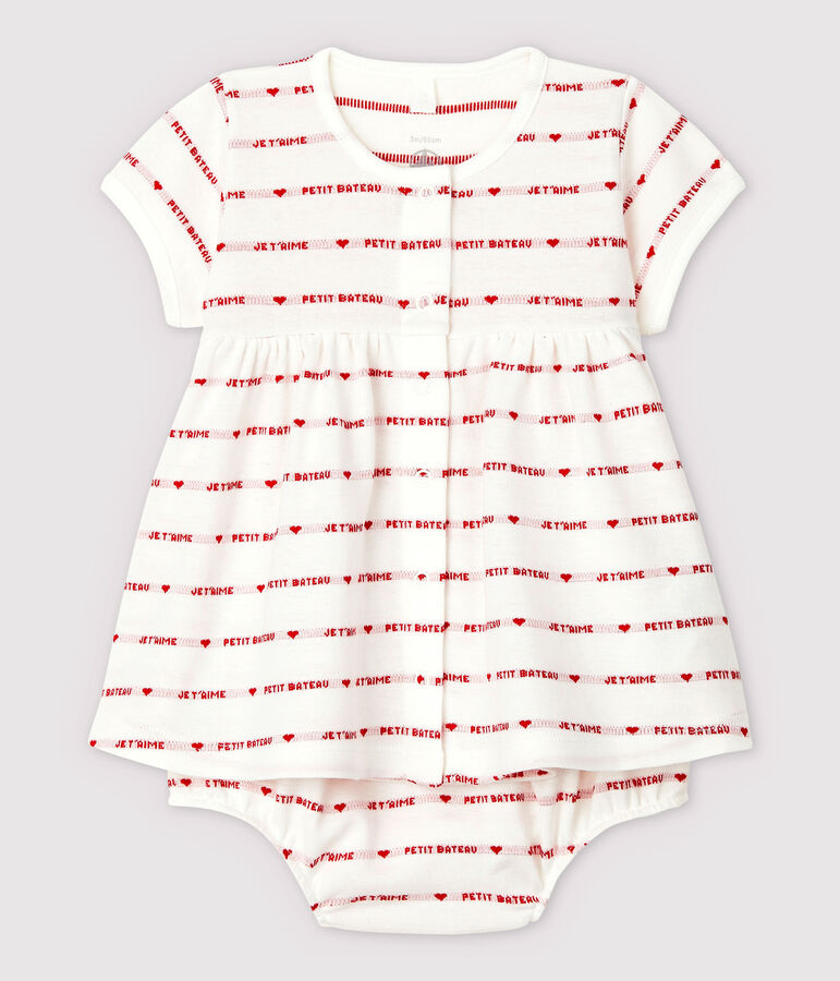 Baby Girls' Short-Sleeved Woven Pattern Organic Cotton Dress with Bloomers white/red
