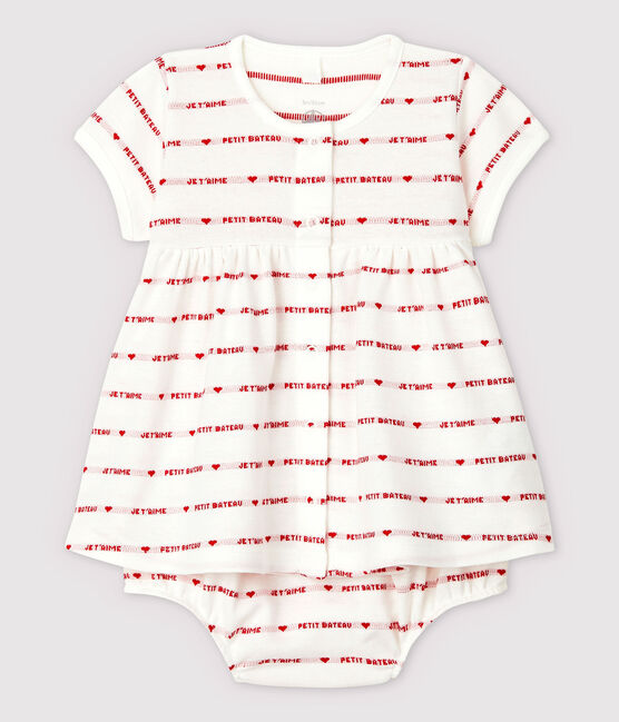 Baby Girls' Short-Sleeved Woven Pattern Organic Cotton Dress with Bloomers MARSHMALLOW white/TERKUIT red