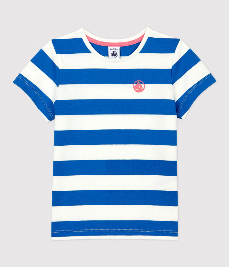 Girls' Short-Sleeved Cotton T-Shirt blue/white