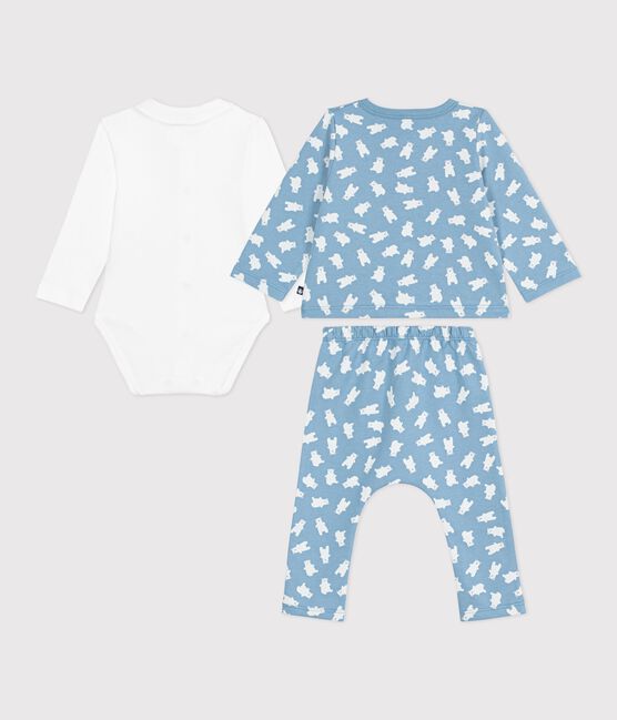 Babies' three-piece bear print set, including a body with an embroidered collar ADRIATIC blue/MULTICO