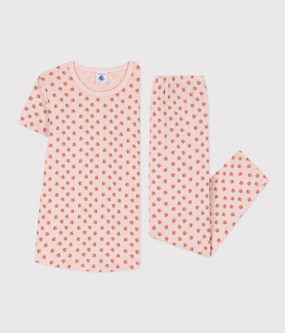 Girls' Short-Sleeved Cotton Pyjamas SALINE pink/MULTICO white