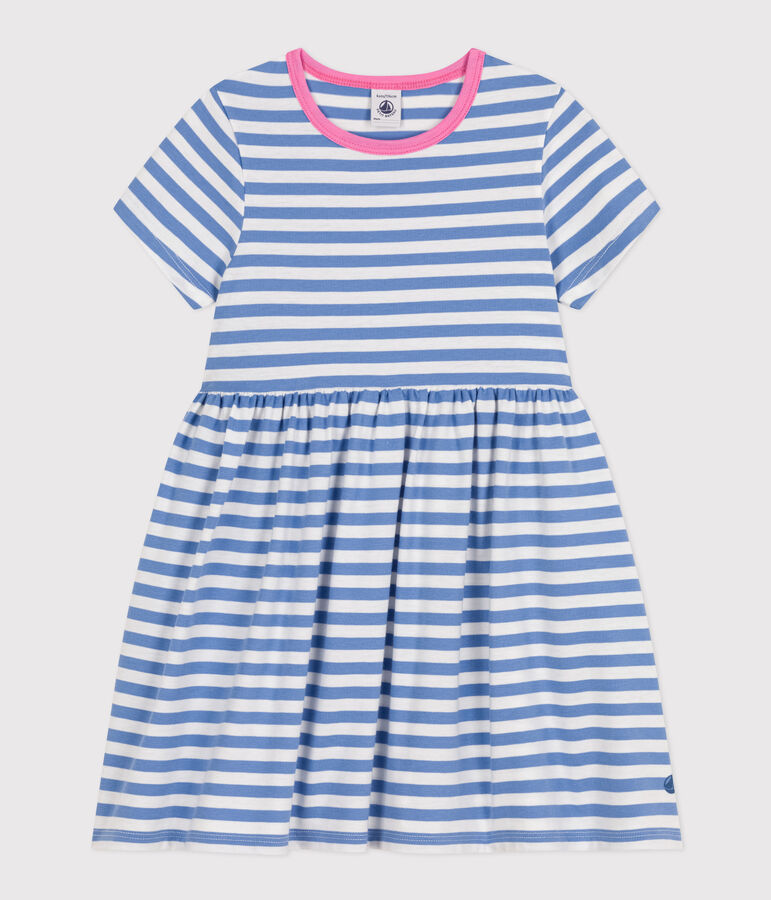 Girls' Stripy Short-Sleeved Cotton Dress blue/white