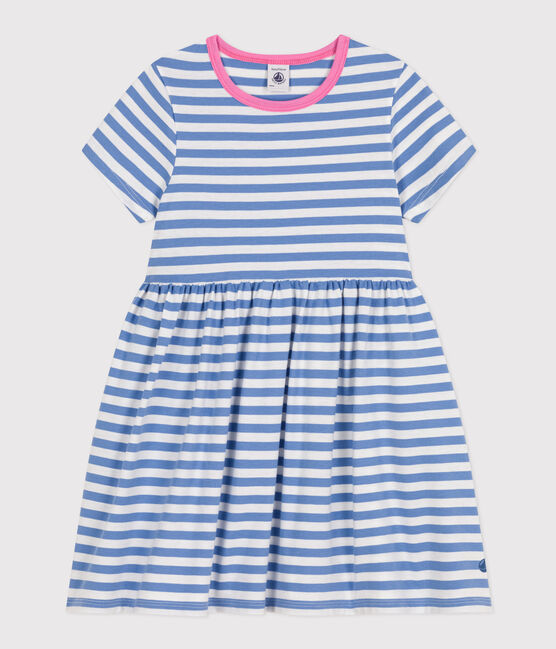 Girls' Stripy Short-Sleeved Cotton Dress GAULOISE /MARSHMALLOW