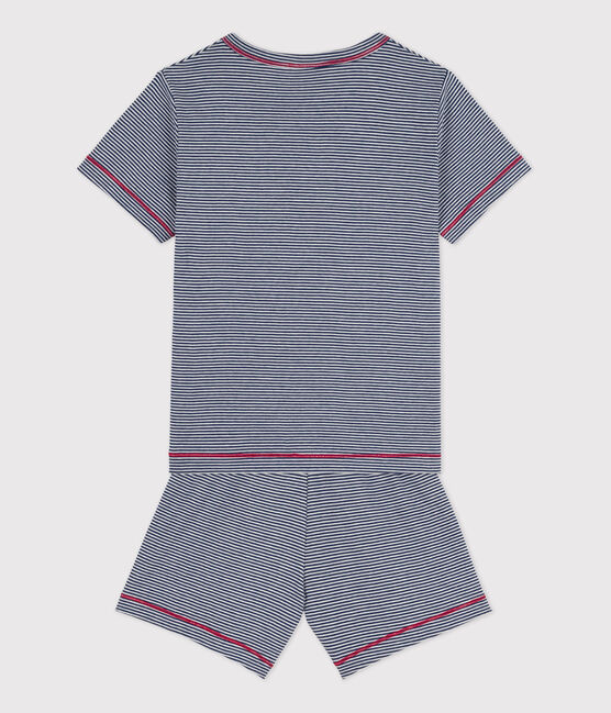 Boys' Pinstriped Short Cotton Pyjamas MEDIEVAL blue/MARSHMALLOW white