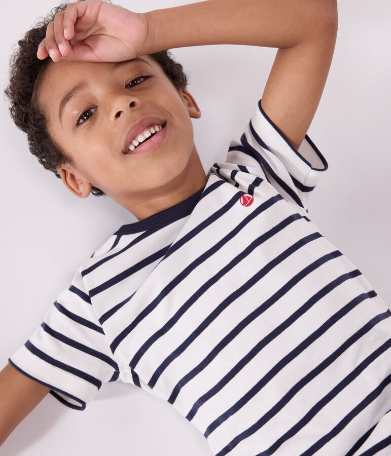 Boys' Short Cotton Pyjamas with Sailor Stripes MARSHMALLOW white/SMOKING blue