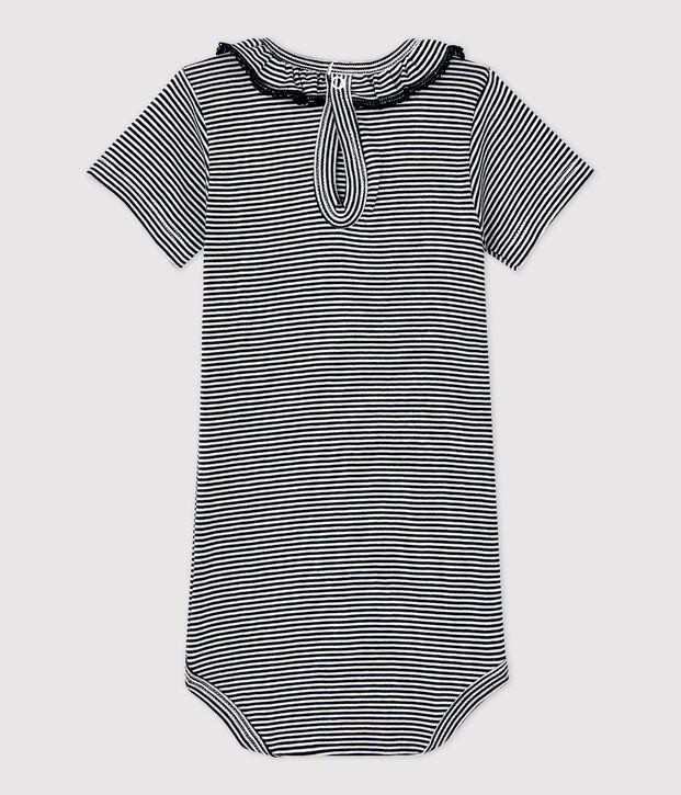 Babies' Organic Cotton Pinstriped Bodysuit With Ruffle Collar blue/white