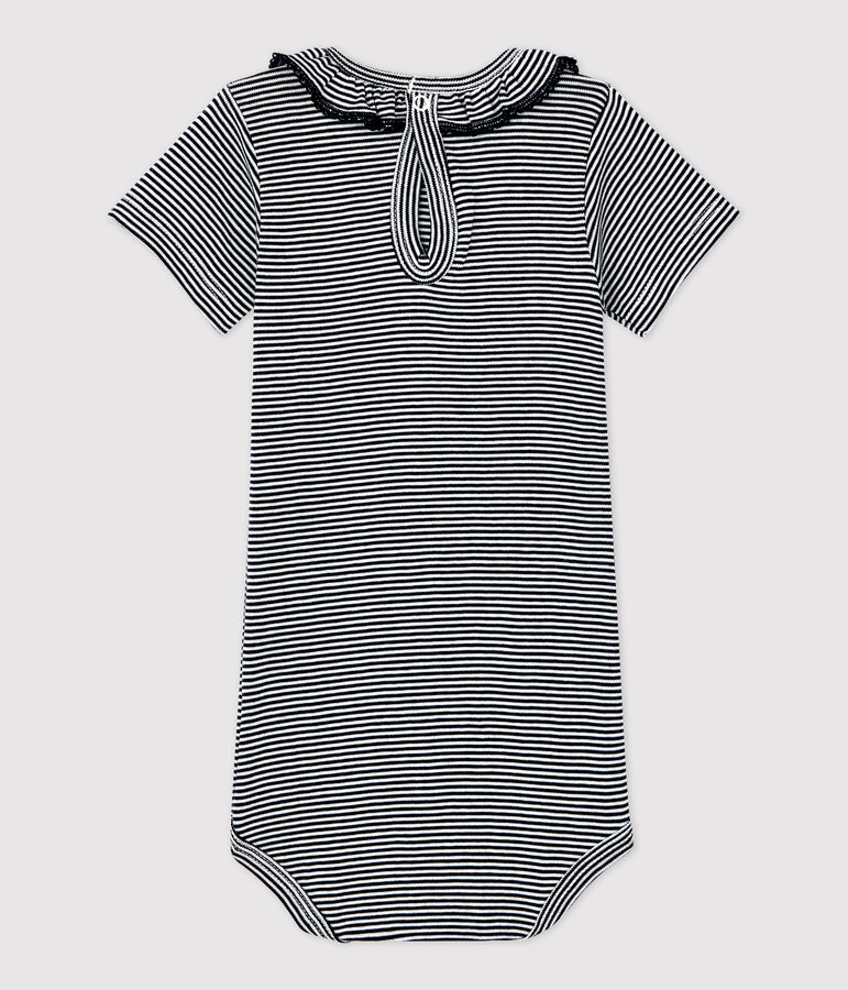 Babies' Organic Cotton Pinstriped Bodysuit With Ruffle Collar SMOKING blue/MARSHMALLOW white