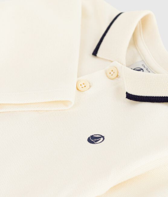 Babies' long-sleeved plain cotton polo shirt MILK Ecru