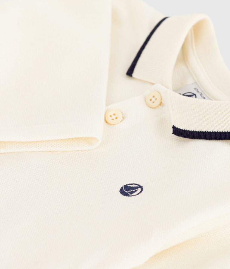 Babies' long-sleeved plain cotton polo shirt Ecru