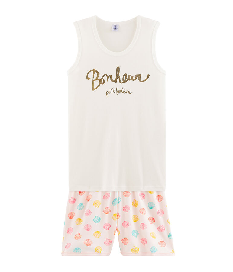 Girls' Ribbed Short Pyjamas FLEUR pink/MULTICO white