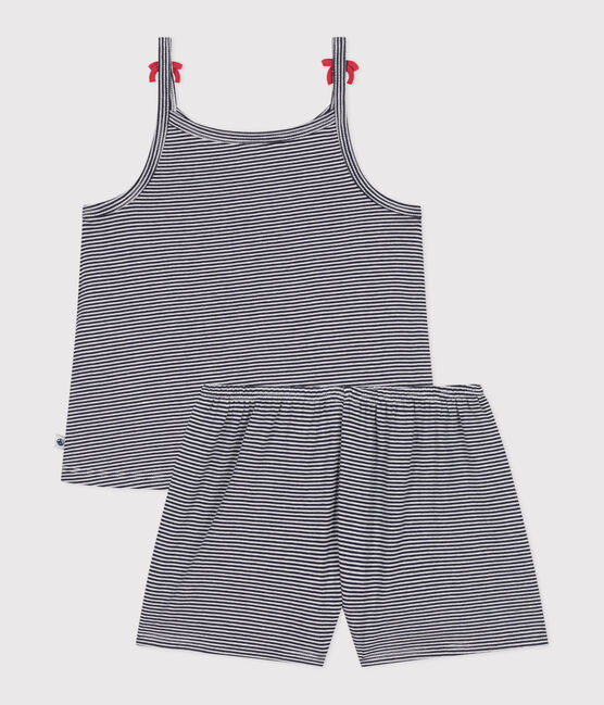 Children's short stripy strappy pyjamas SMOKING blue/MARSHMALLOW white