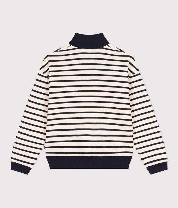 Women's shawl-collared sweatshirt in brushed fleece Ecru/blue