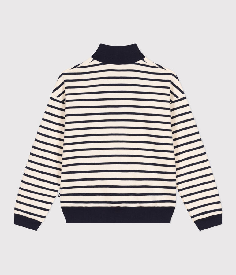 Women's shawl-collared sweatshirt in brushed fleece Ecru/blue