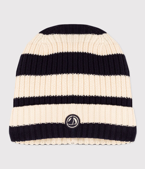 Children's Breton stripe knitted beanie hat lined in polar fleece SMOKING blue/AVALANCHE