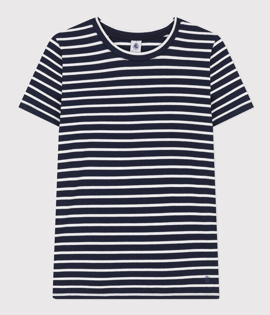 Women's Straight Round-Neck Cotton T-Shirt SMOKING blue/MARSHMALLOW white
