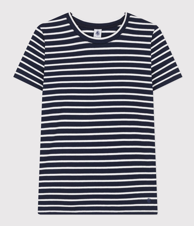 Women's Straight Round-Neck Cotton T-Shirt blue/white