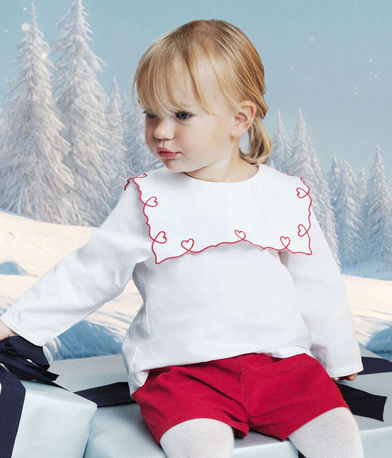 Babies' long-sleeved cotton poplin blouse with embroidered hearts white
