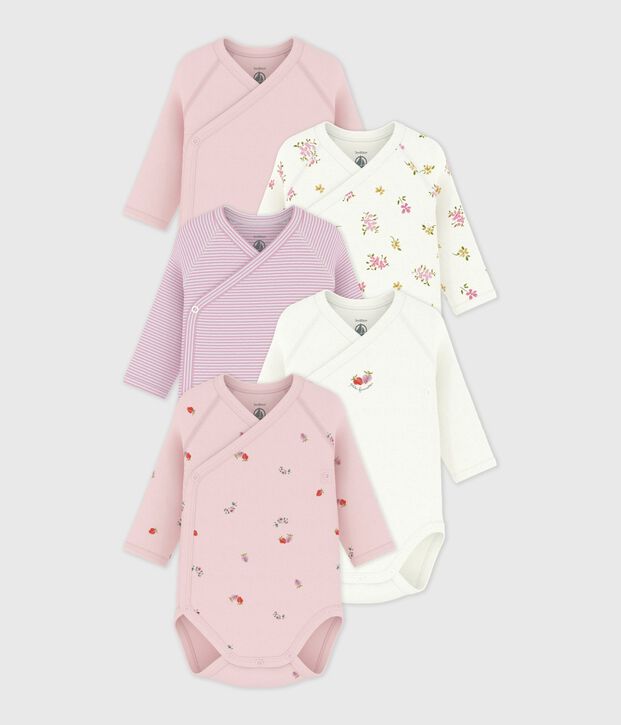 Pack of babies' long-sleeved printed cotton wrapover bodies multicolor