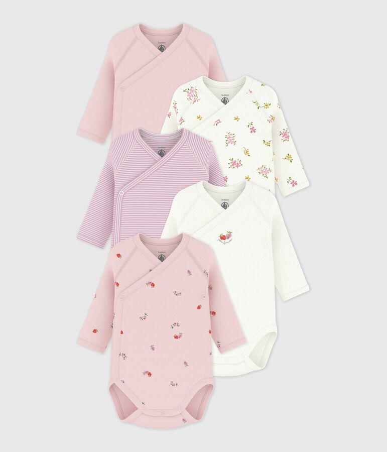 Pack of babies' long-sleeved printed cotton wrapover bodies multicolor