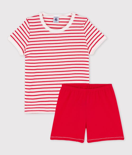 Girls' Stripy Cotton Short Pyjamas MARSHMALLOW white/MULTICO white
