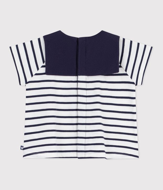 Babies' blouse in Breton stripe cotton with an embroidered collar white/blue
