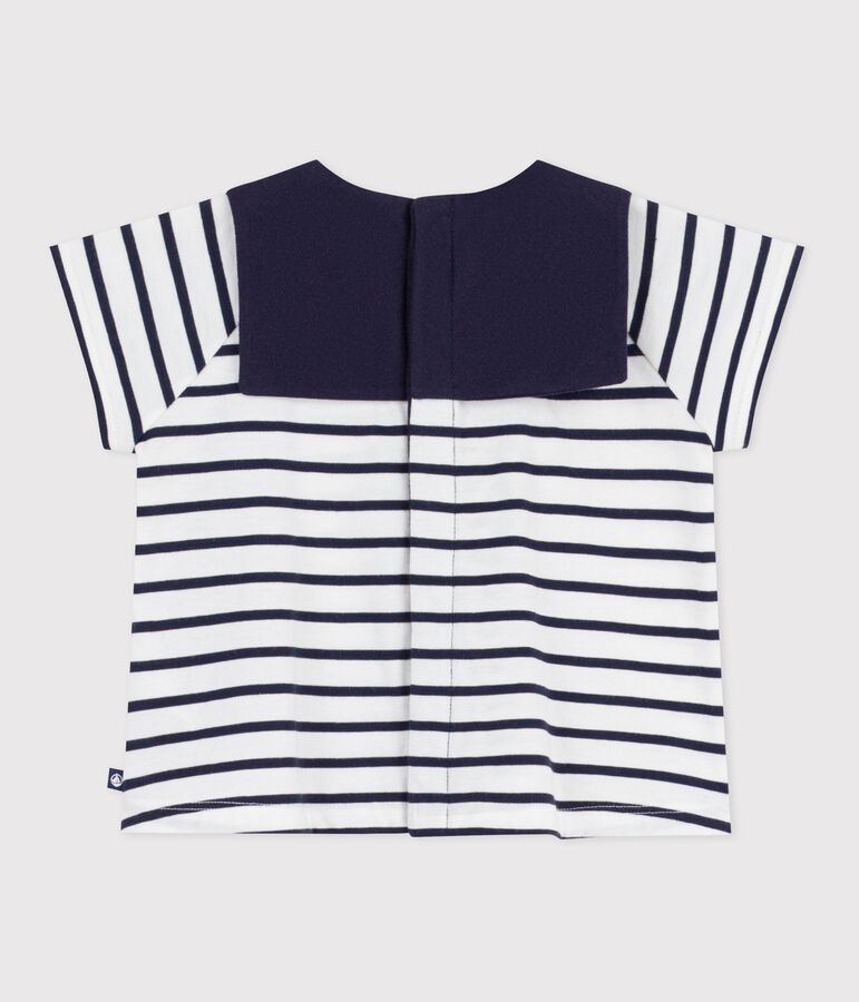 Babies' blouse in Breton stripe cotton with an embroidered collar MARSHMALLOW white/SMOKING blue