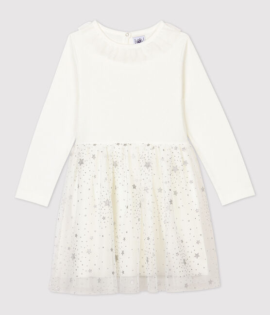 Girls' Long-Sleeved Cotton/Tulle Dress MARSHMALLOW white/ARGENT grey