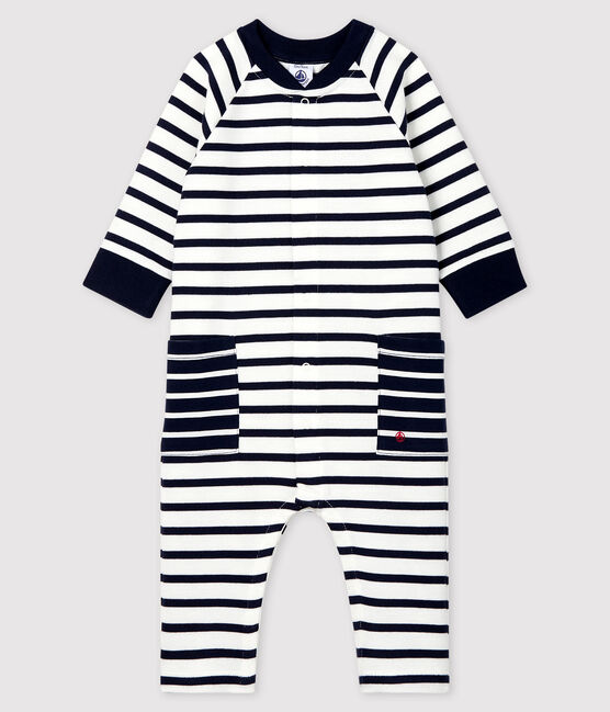 Babies' Unisex Long Jersey Jumpsuit MARSHMALLOW white/SMOKING blue