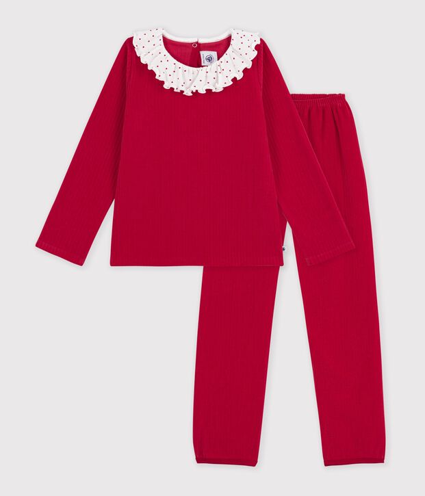 Children's plain ribbed velour pyjamas with a ruff red