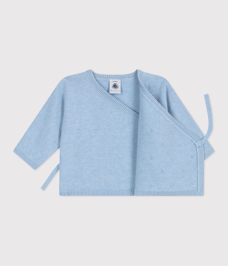 Babies' wool and cotton openwork knit wrapover top FLO blue