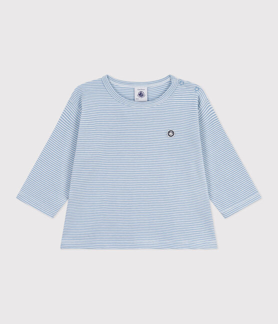 Babies' long-sleeved stripy cotton T-Shirt ADRIATIC /MARSHMALLOW