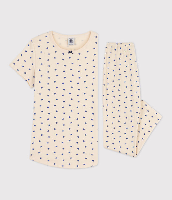 Girls' Heart Patterned Short-Sleeved Cotton Pyjamas AVALANCHE white/NEWBLEU