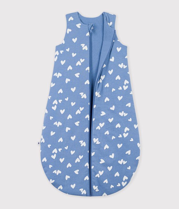 Babies' 2.5 TOG cotton sleeping bag printed with hearts blue/white