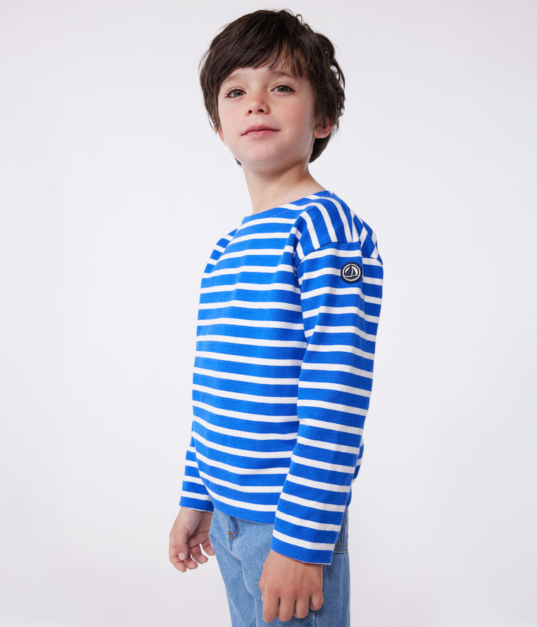 Children's unisex long-sleeved cotton Breton top PERSE blue/MARSHMALLOW white