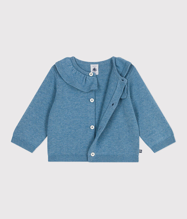 Babies' plain wool and cotton knit cardigan with a collar blue