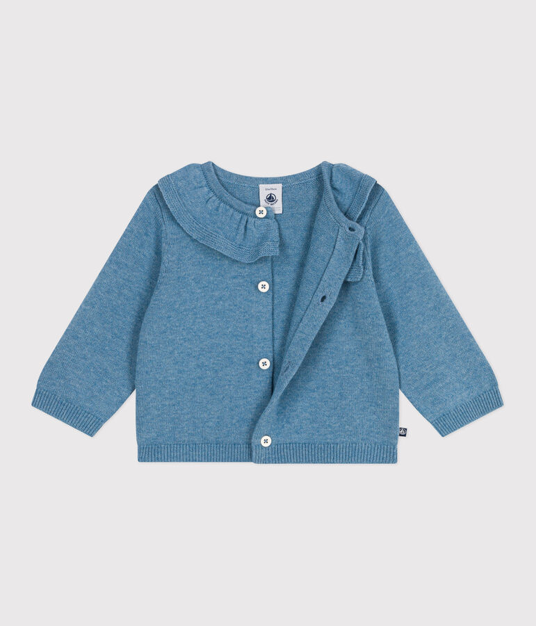 Babies' plain wool and cotton knit cardigan with a collar blue