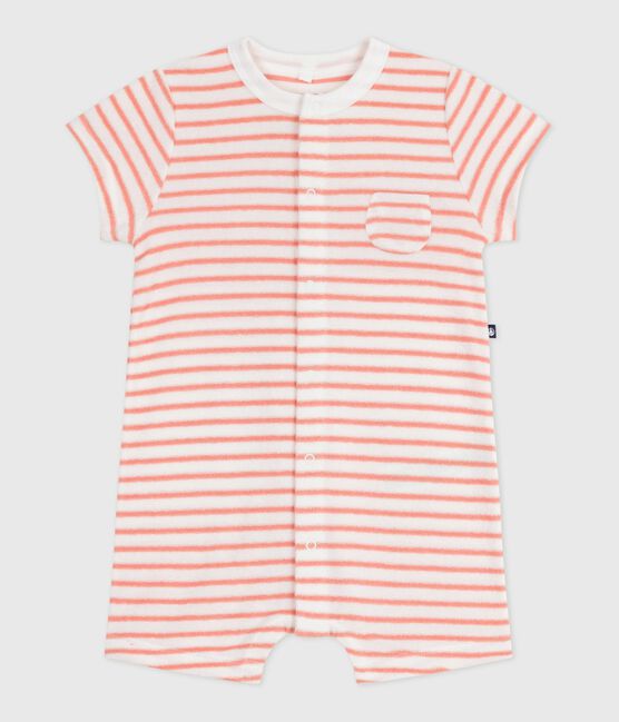 Babies' stripy cotton terry playsuit MARSHMALLOW orange/ABRICOT