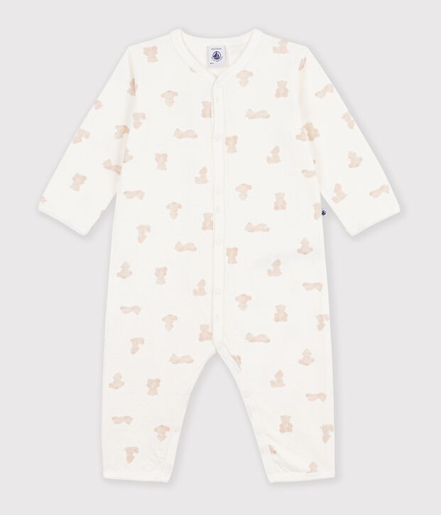 Babies' footless bear-print tube-knit pyjama suit white/BRUN