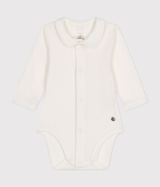 Babies' Long-Sleeved Cotton Bodysuit With Collar MARSHMALLOW white