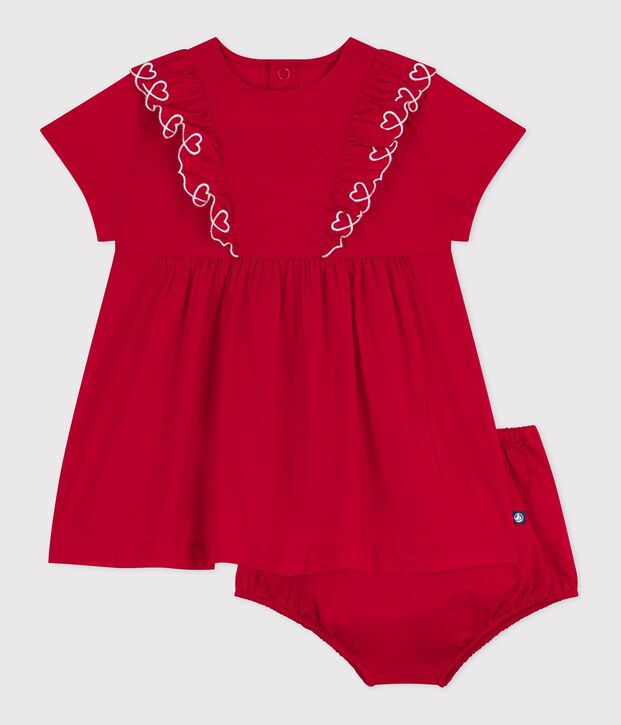Babies' short-sleeved plain cotton dress with matching bloomers red